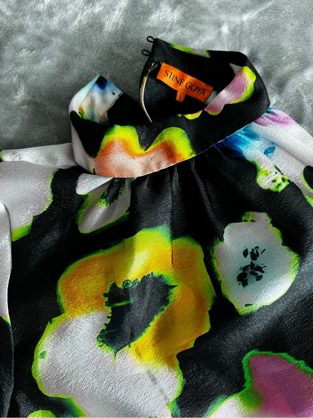 STINE GOYA Black Floral High Neck Blouse with Neon Flowers